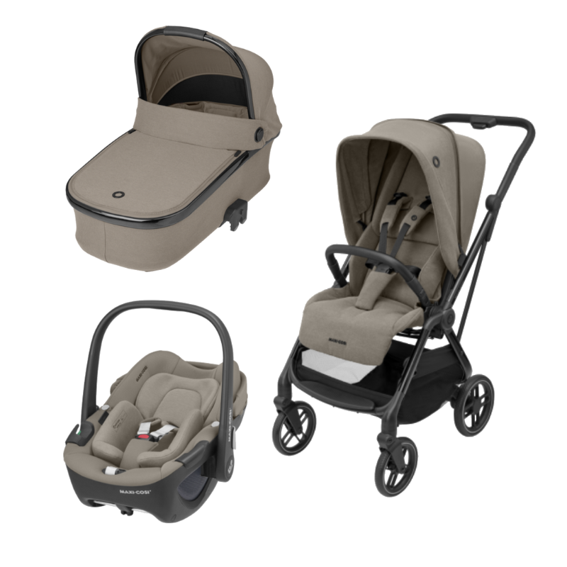 Conjunto Leona², Pebble 360º e Oria Luxe Twillix Truffle da Maxi Cosi