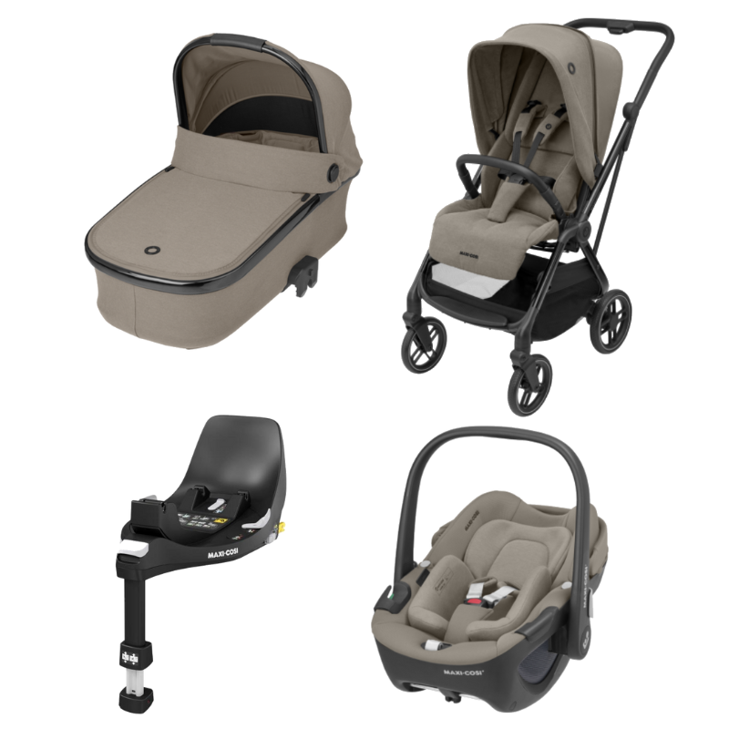 Conjunto Leona² Luxe, Pebble 360º Luxe, Oria Luxe e Familyfix 360º Twillic Truffle da Maxi Cosi