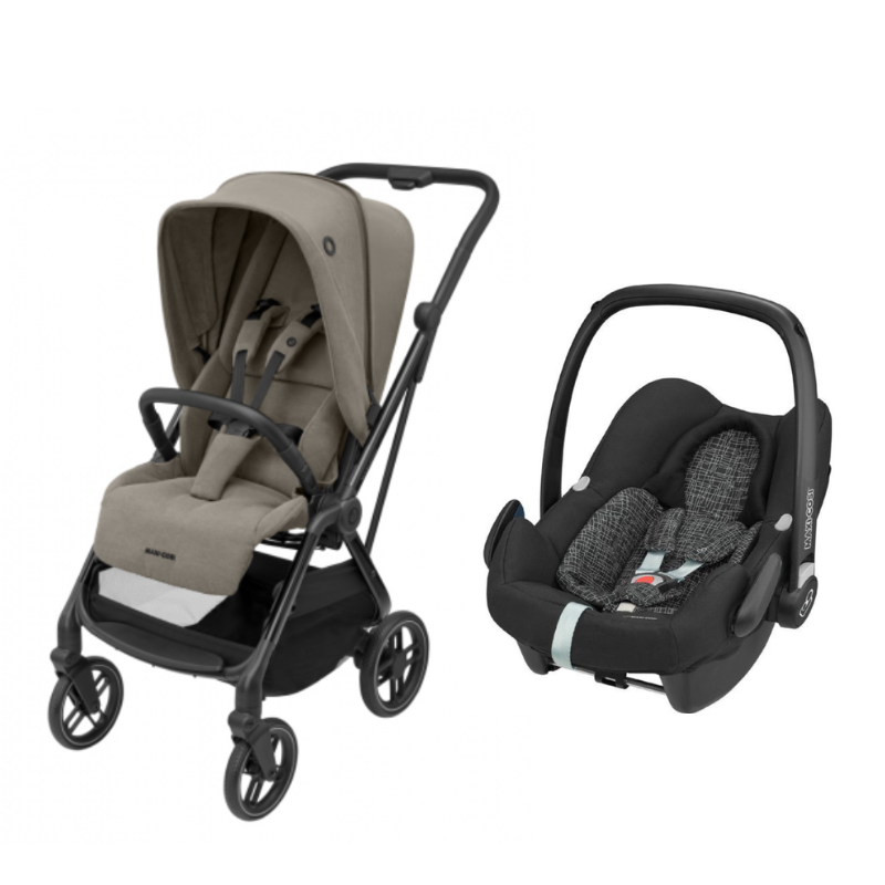 Carrinho Leona 2 Luxe Twillic Truffle e cadeira auto Rock Black Grid da Maxi Cosi