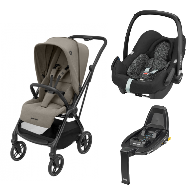 Carrinho Leona 2 Luxe Twillic Truffle, cadeira auto Rock Black Grid e Familyfix2 da Maxi Cosi