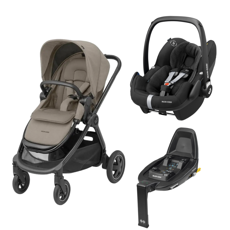 Adorra 2 Luxe Twillic Truffle, Pebble Pro Essential Black e base Familyfix2 da Maxi Cosi
