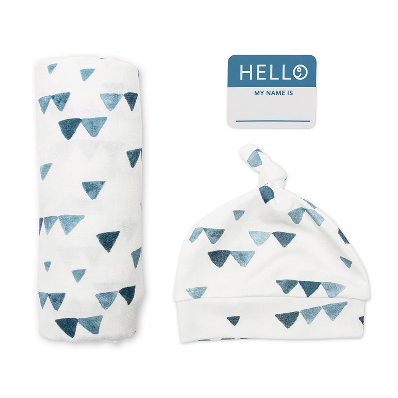 Hello World Navy Triangles Pack Swaddle e Gorro