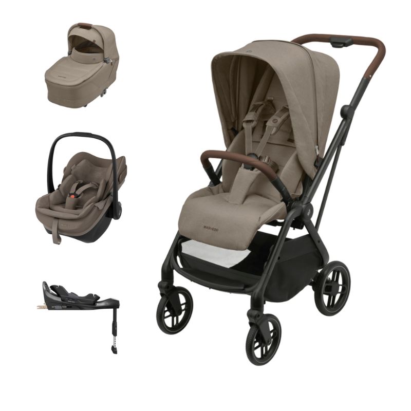 Carrinho Leona Pebble Slide Pro alcofa Sense truffle e base Familyfix Slide Pro da Maxi Cosi 1