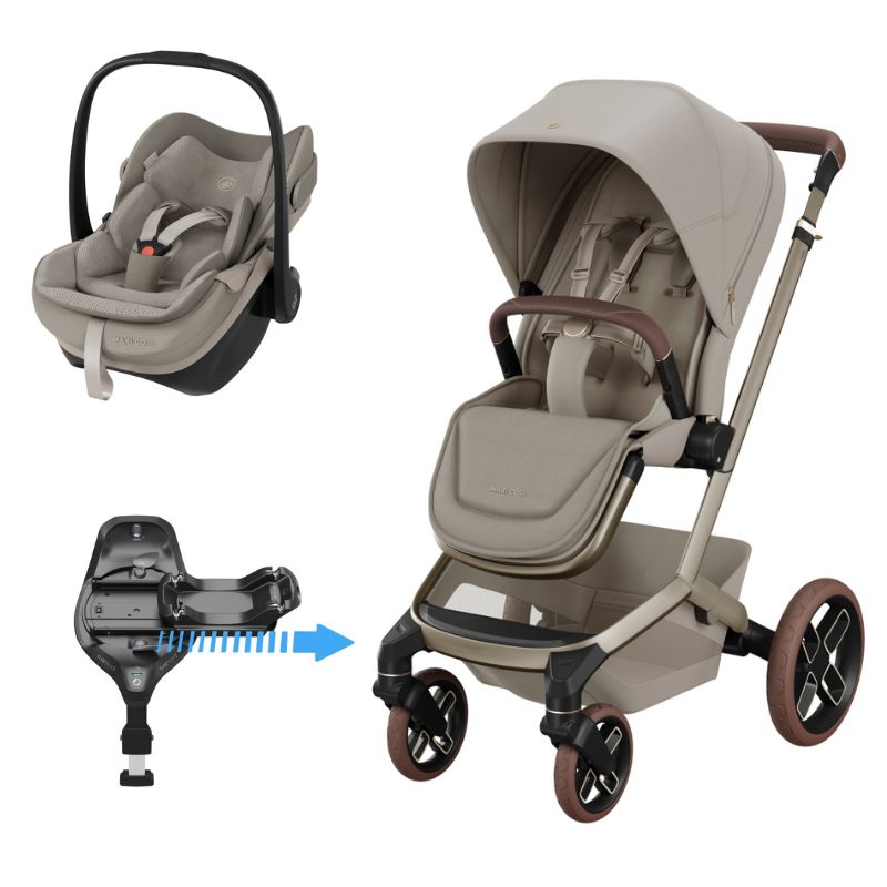 Carrinho Fame, cadeira auto Pebble Slide Pro Saphire Sand e Base familyfix Slide Pro da Maxi Cosi 1