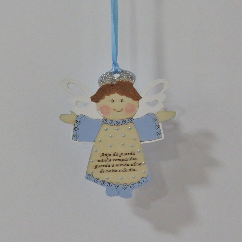 Anjo da Guarda pequeno de madeira azul com oração da Maria Cereja 2