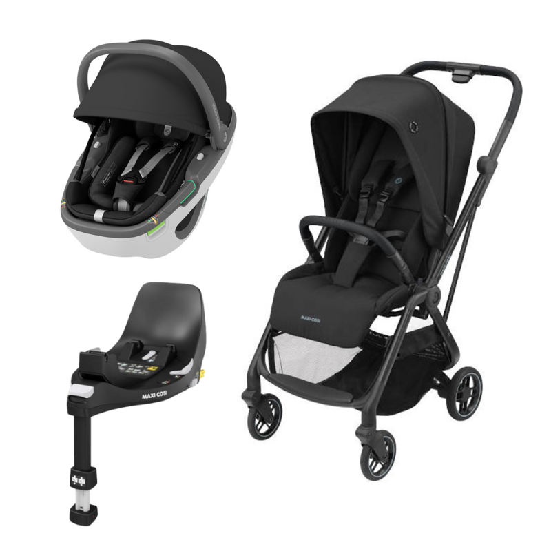 Carrinho Leona cadeira auto Coral 360º Essential Black e FamilyFix 360 da Maxi Cosi