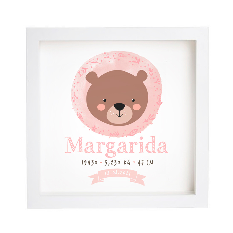 Quadro de nascimento personalizável Urso rosa da Maria Carrossel 1