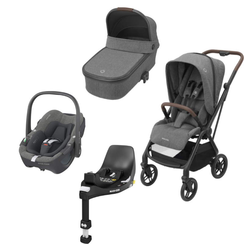 Carrinho Leona², cadeira Pebble 360º, FamiliFix 360º e alcofa Oria Select Grey da Maxi Cosi