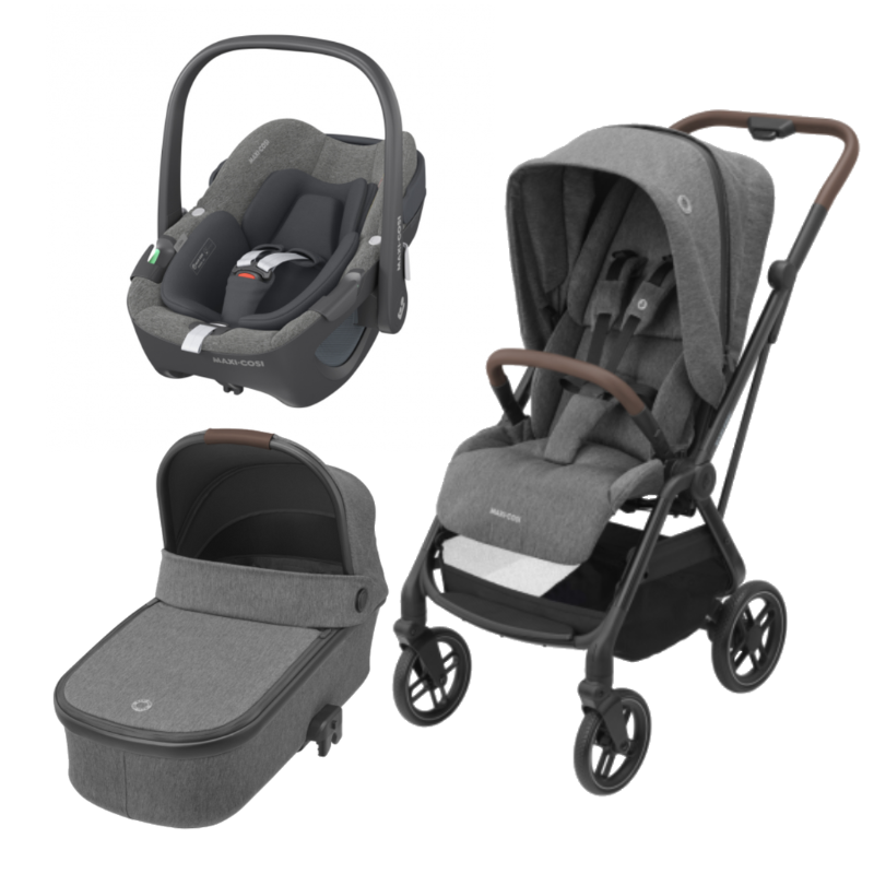 Carrinho Leona², cadeira Pebble 360º e alcofa Oria Select Grey da Maxi Cosi