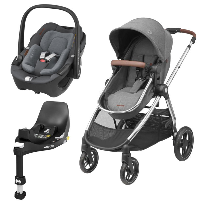 Trio Zelia Luxe Pebble 360º Luxe e FamilyFix 360º Twillic Grey da Maxi Cosi