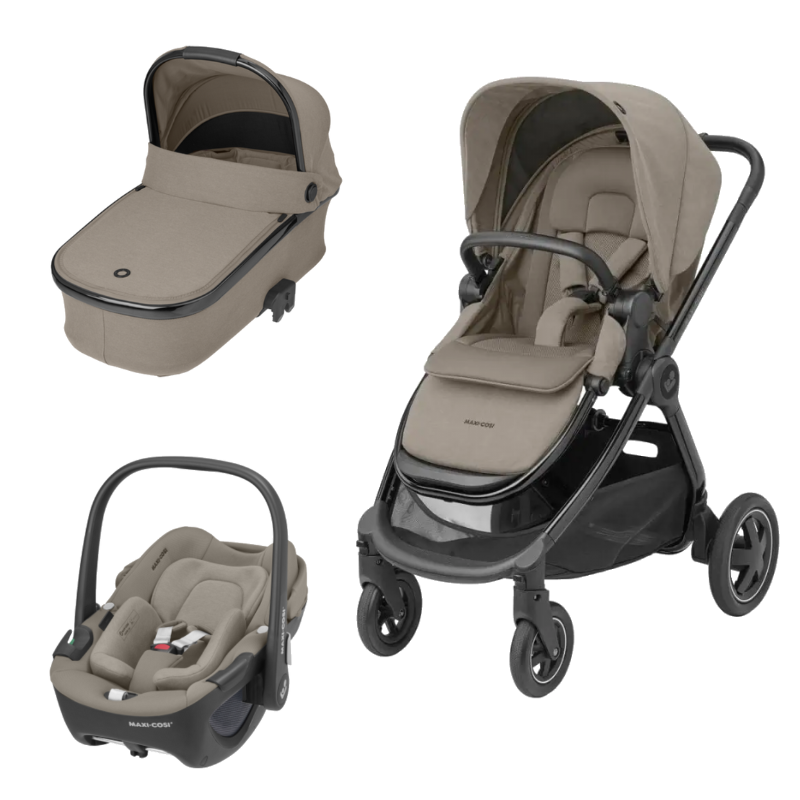 Trio Adorra Luxe, Pebble 360º Luxe e alcofa Oria Luxe Twillic Truffle da Maxi Cosi